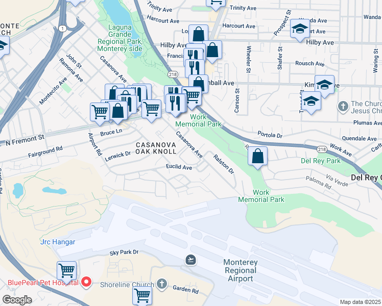map of restaurants, bars, coffee shops, grocery stores, and more near 820 Casanova Avenue in Monterey