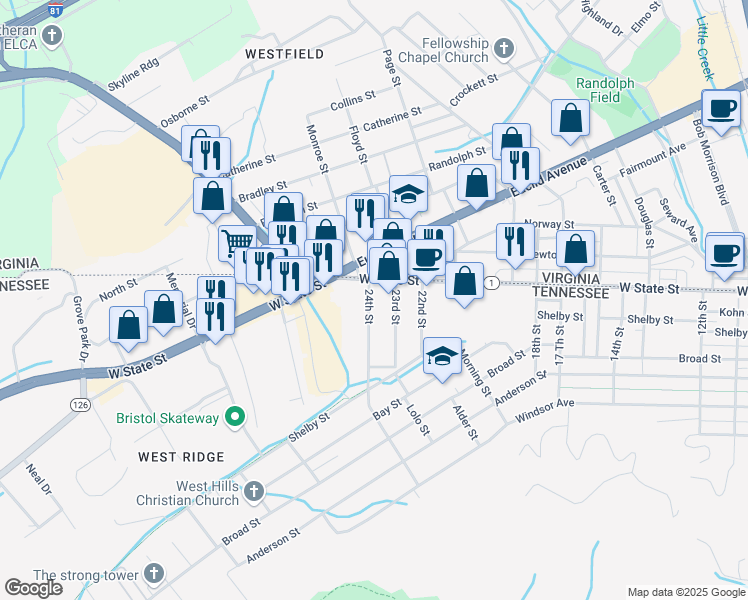 map of restaurants, bars, coffee shops, grocery stores, and more near 17 24th Street in Bristol