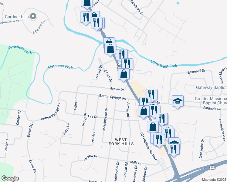 map of restaurants, bars, coffee shops, grocery stores, and more near 120 Hadley Drive in Clarksville