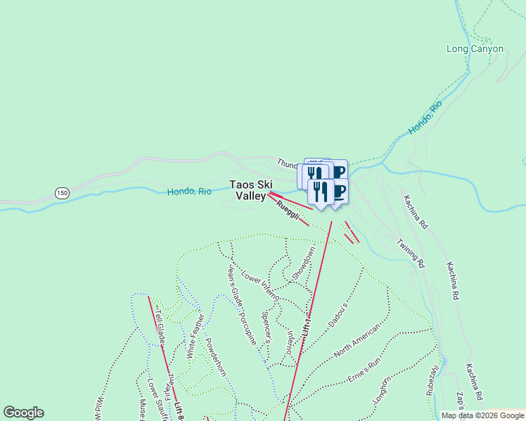 map of restaurants, bars, coffee shops, grocery stores, and more near 33 Firehouse Road in Taos Ski Valley