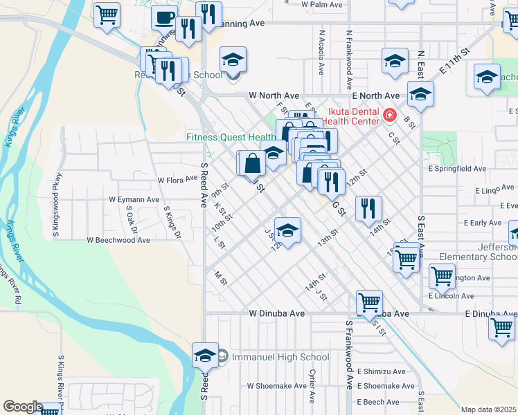 map of restaurants, bars, coffee shops, grocery stores, and more near 1003 I Street in Reedley