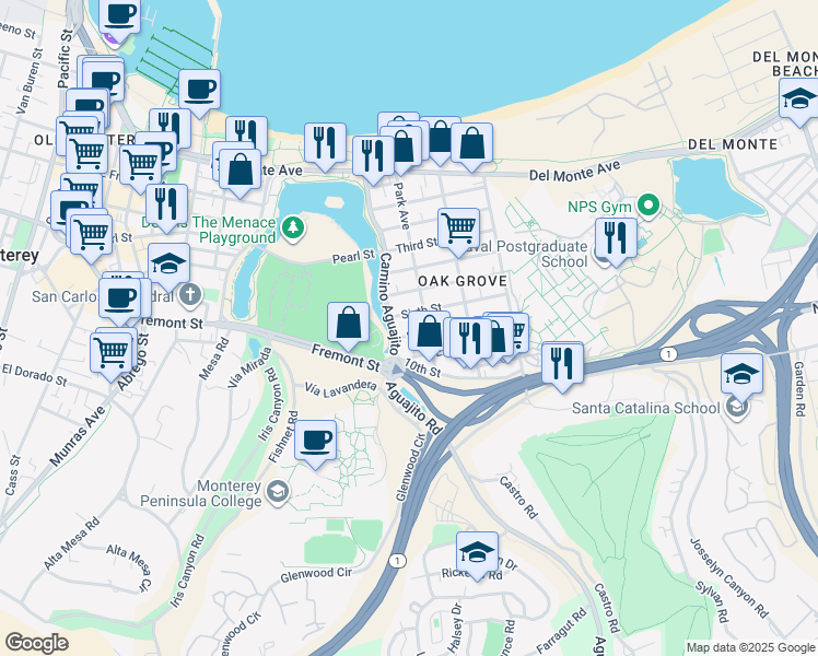 map of restaurants, bars, coffee shops, grocery stores, and more near 921 Camino Aguajito in Monterey