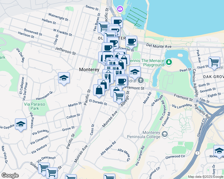 map of restaurants, bars, coffee shops, grocery stores, and more near 635 Cass Street in Monterey