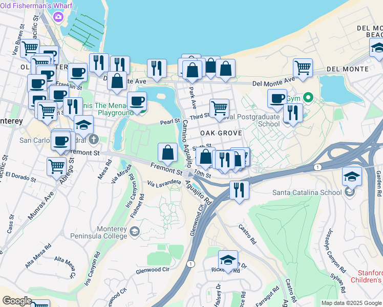 map of restaurants, bars, coffee shops, grocery stores, and more near 921 Camino Aguajito in Monterey