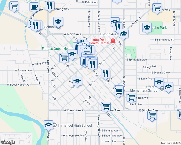 map of restaurants, bars, coffee shops, grocery stores, and more near 1680 12th Street in Reedley