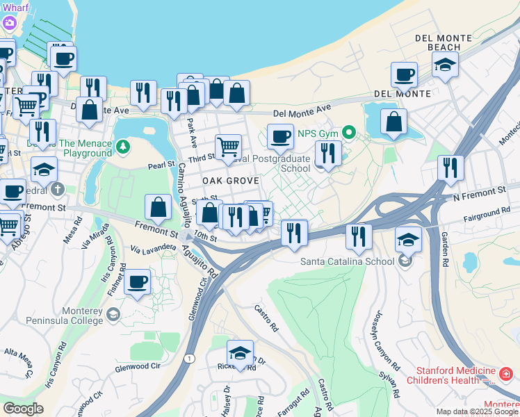 map of restaurants, bars, coffee shops, grocery stores, and more near 14 Seventh Street in Monterey