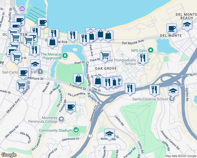 map of restaurants, bars, coffee shops, grocery stores, and more near 1102 Sixth Street in Monterey