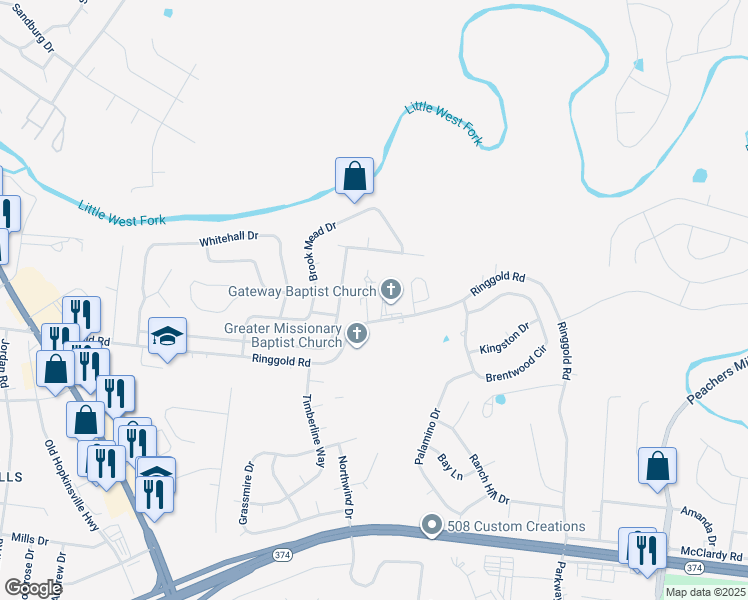 map of restaurants, bars, coffee shops, grocery stores, and more near 2113 Ringgold Court in Clarksville