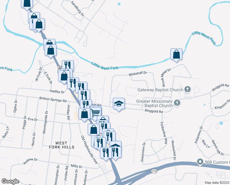 map of restaurants, bars, coffee shops, grocery stores, and more near 200 Windroe Court in Clarksville