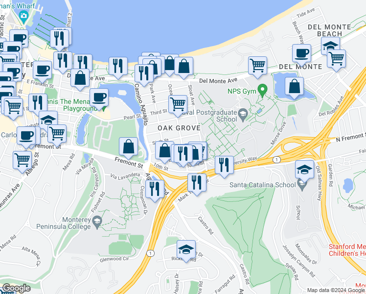 map of restaurants, bars, coffee shops, grocery stores, and more near 700 Ocean Avenue in Monterey