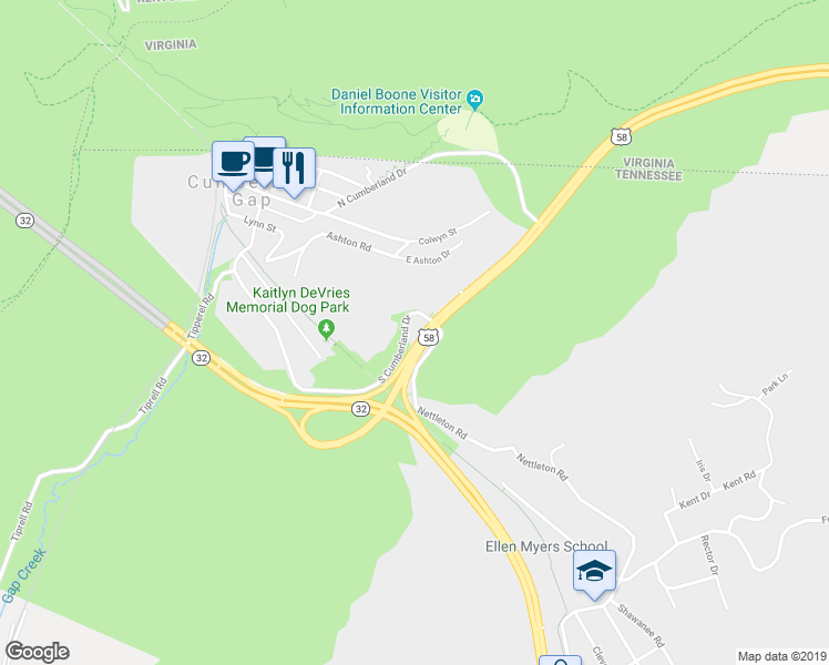 map of restaurants, bars, coffee shops, grocery stores, and more near 225 Boone Trail in Cumberland Gap