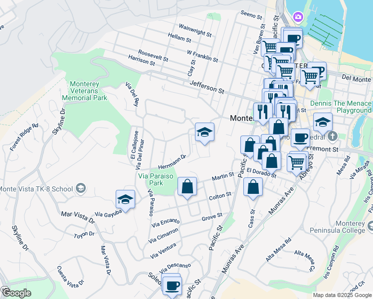 map of restaurants, bars, coffee shops, grocery stores, and more near 162 Herrmann Drive in Monterey