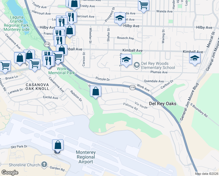 map of restaurants, bars, coffee shops, grocery stores, and more near 810 Altura Place in Del Rey Oaks