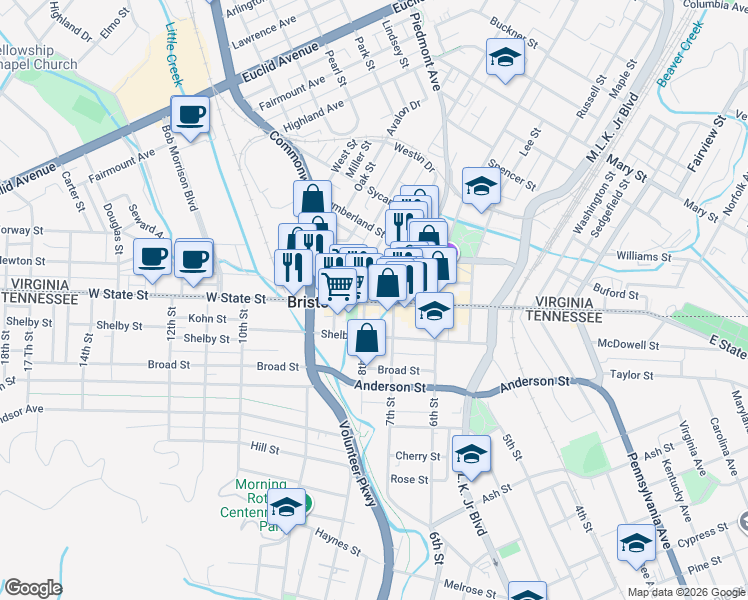 map of restaurants, bars, coffee shops, grocery stores, and more near 709 State Street in Bristol