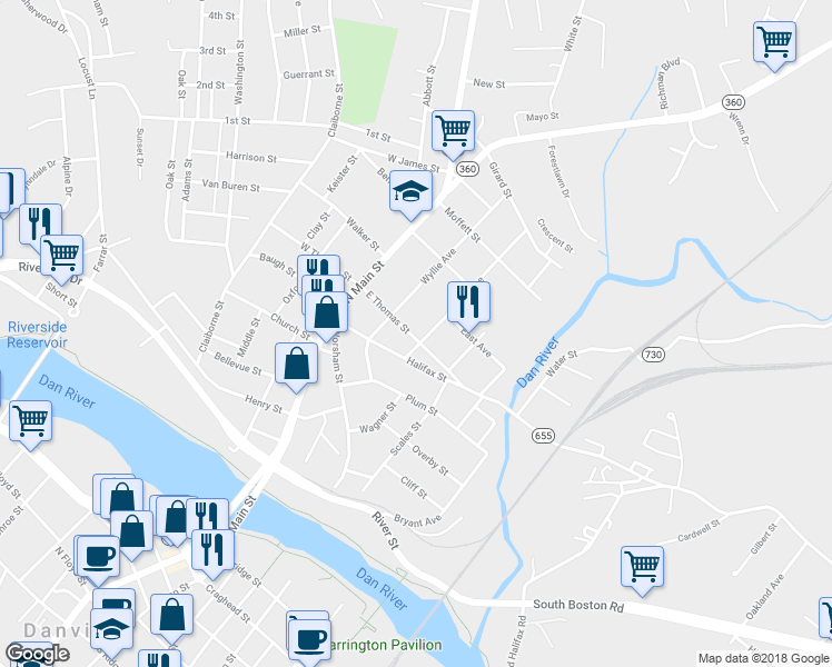 map of restaurants, bars, coffee shops, grocery stores, and more near 225 East Thomas Street in Danville