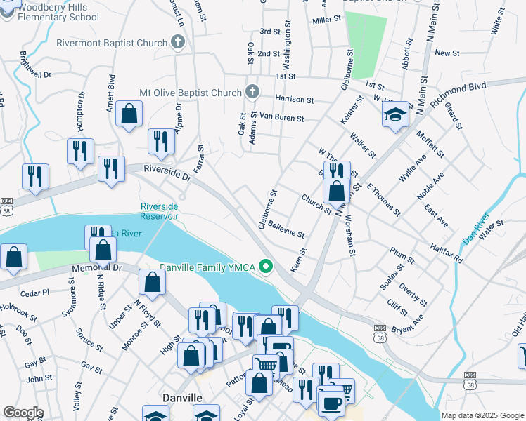 map of restaurants, bars, coffee shops, grocery stores, and more near 413 Richmond Avenue in Danville