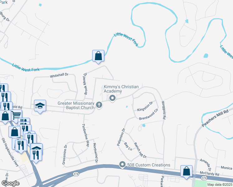 map of restaurants, bars, coffee shops, grocery stores, and more near 116 Waterwheel Circle in Clarksville