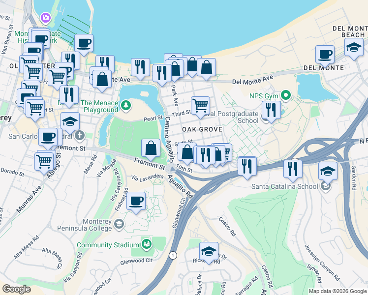 map of restaurants, bars, coffee shops, grocery stores, and more near 640 Park Avenue in Monterey