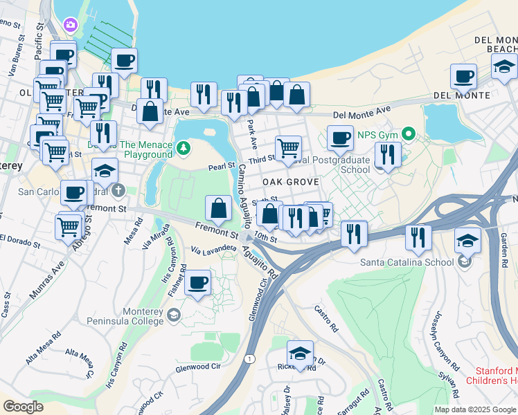 map of restaurants, bars, coffee shops, grocery stores, and more near 1102 Sixth Street in Monterey