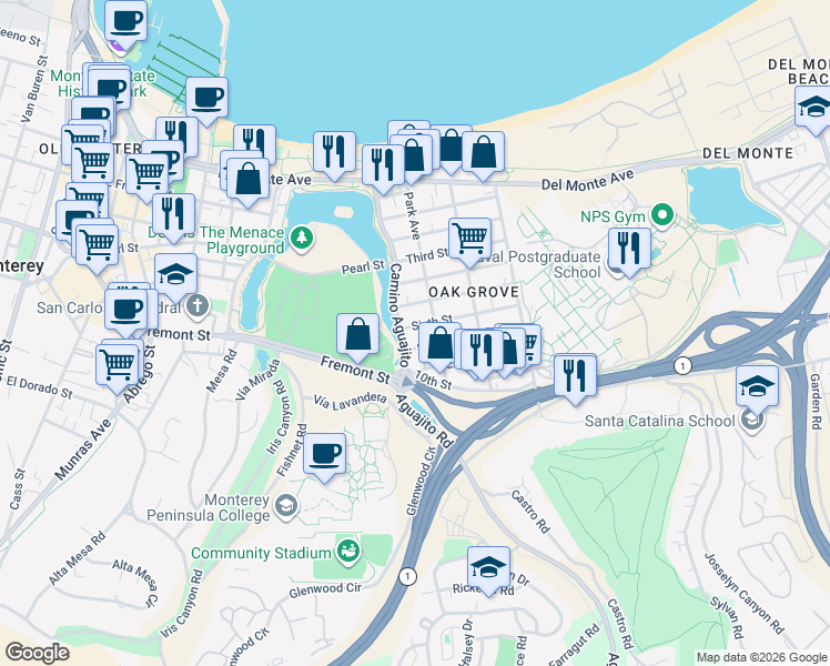map of restaurants, bars, coffee shops, grocery stores, and more near 921 Camino Aguajito in Monterey
