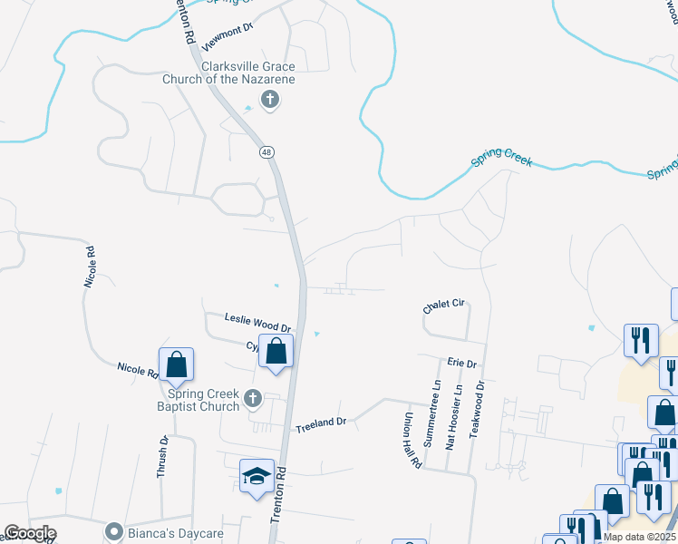map of restaurants, bars, coffee shops, grocery stores, and more near 1101 Ziva Lane in Clarksville