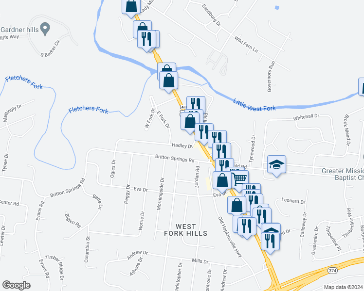 map of restaurants, bars, coffee shops, grocery stores, and more near 127 Hadley Drive in Clarksville