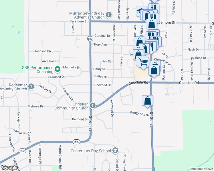 map of restaurants, bars, coffee shops, grocery stores, and more near 1512 Kirkwood Drive in Murray