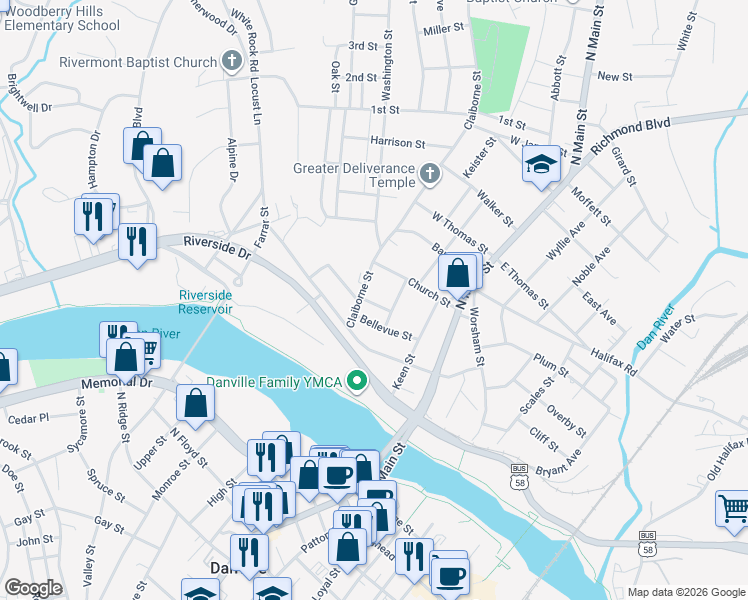 map of restaurants, bars, coffee shops, grocery stores, and more near 316 Richmond Avenue in Danville