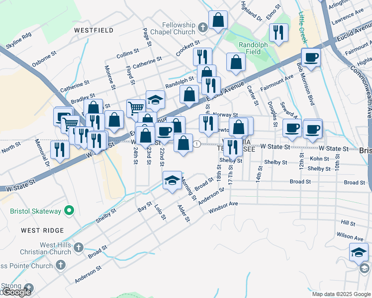 map of restaurants, bars, coffee shops, grocery stores, and more near 1954 West State Street in Bristol