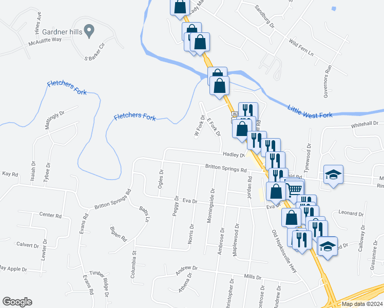 map of restaurants, bars, coffee shops, grocery stores, and more near 158 Hadley Drive in Clarksville