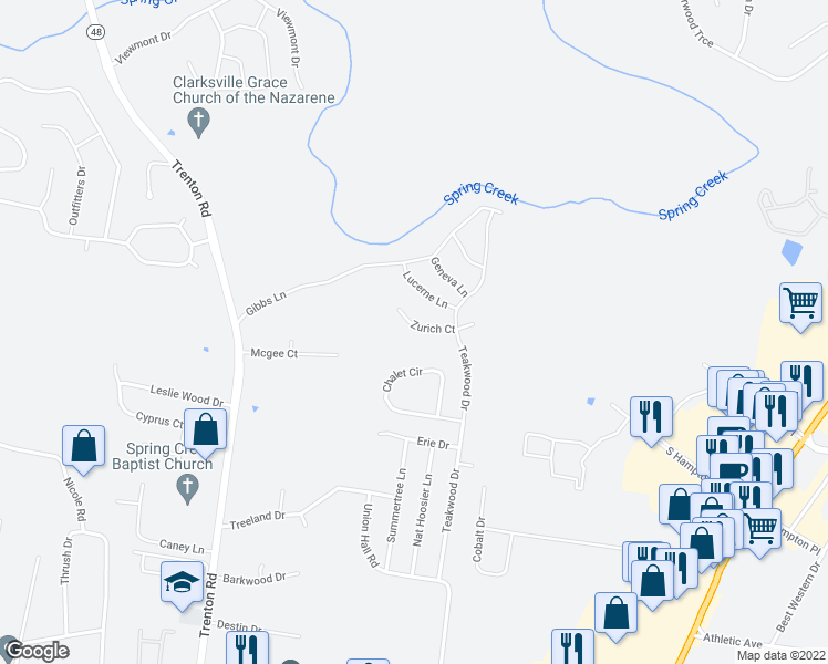 map of restaurants, bars, coffee shops, grocery stores, and more near 412 Zurich Court in Clarksville