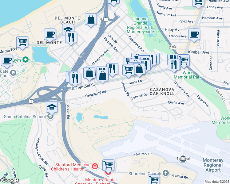 map of restaurants, bars, coffee shops, grocery stores, and more near 2198 Fairground Road in Monterey