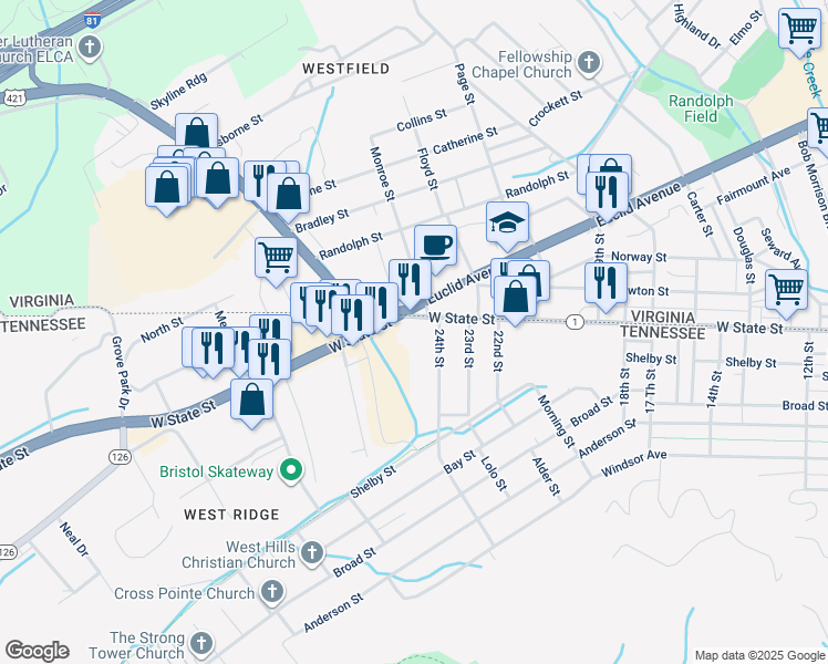 map of restaurants, bars, coffee shops, grocery stores, and more near 1996 West State Street in Bristol