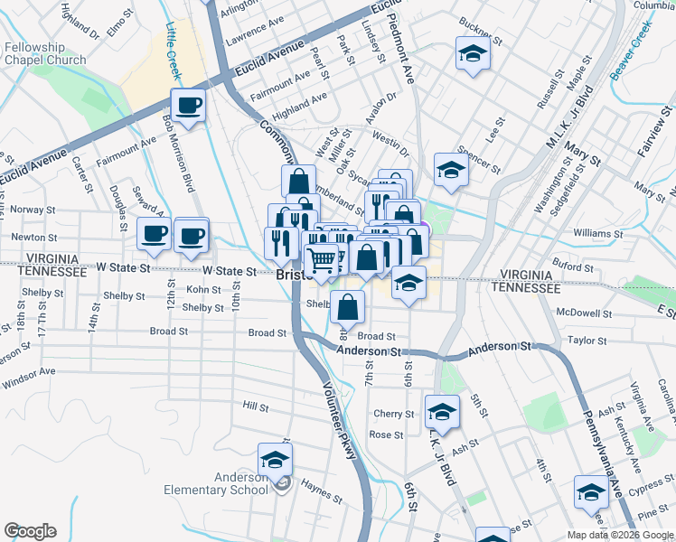 map of restaurants, bars, coffee shops, grocery stores, and more near 726-798 State Street in Bristol