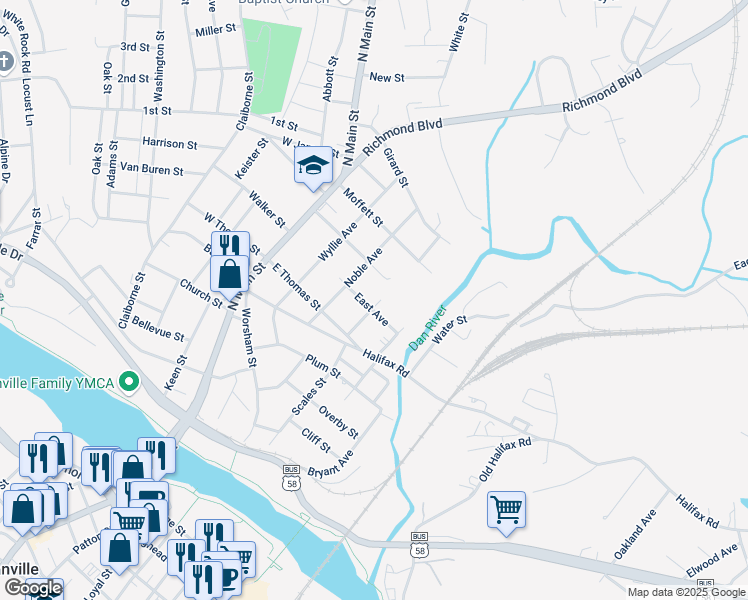 map of restaurants, bars, coffee shops, grocery stores, and more near 907 Shepherd Avenue in Danville