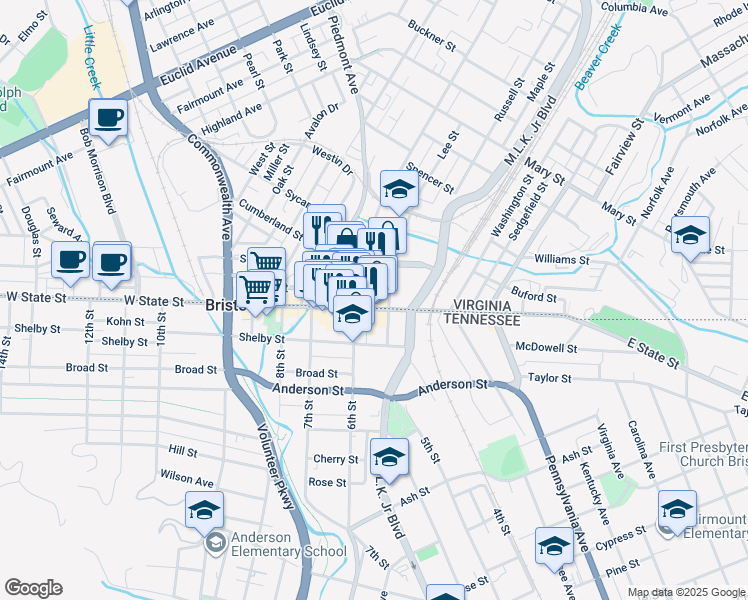 map of restaurants, bars, coffee shops, grocery stores, and more near 503 State Street in Bristol