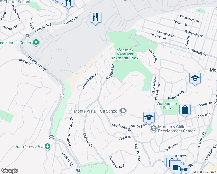 map of restaurants, bars, coffee shops, grocery stores, and more near 2 Pinehill Way in Monterey