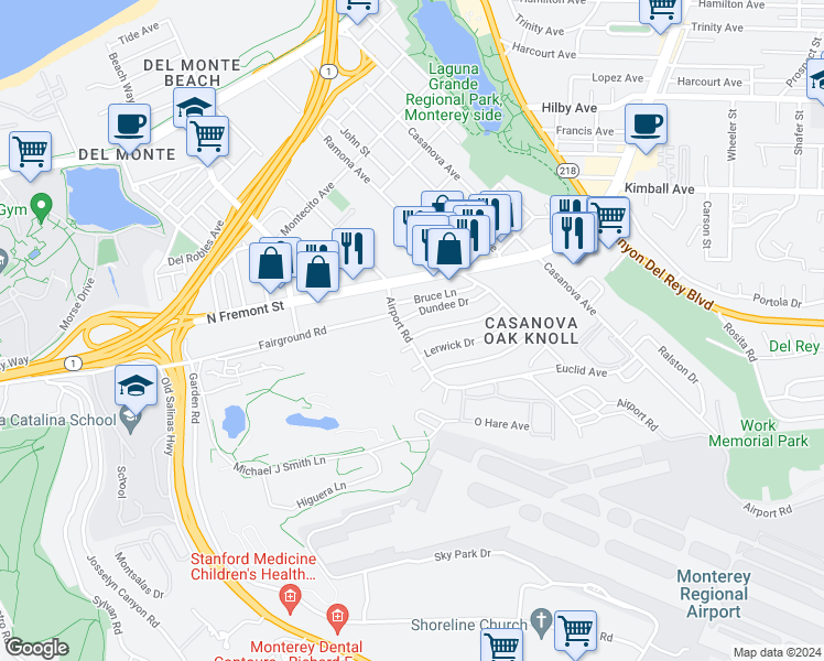 map of restaurants, bars, coffee shops, grocery stores, and more near 619 Airport Road in Monterey