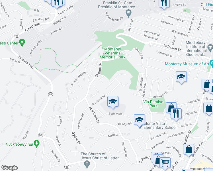 map of restaurants, bars, coffee shops, grocery stores, and more near 28 Cramden Drive in Monterey