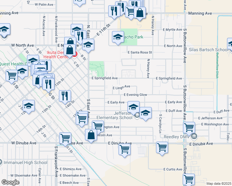 map of restaurants, bars, coffee shops, grocery stores, and more near 840 East Evening Glow Avenue in Reedley