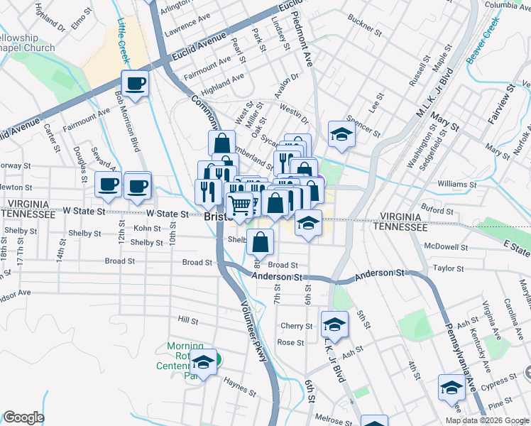 map of restaurants, bars, coffee shops, grocery stores, and more near 709 State Street in Bristol
