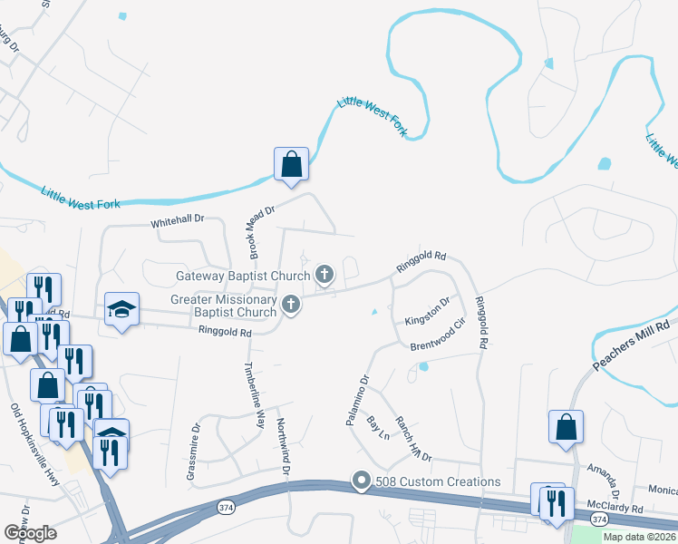 map of restaurants, bars, coffee shops, grocery stores, and more near 116 Waterwheel Circle in Clarksville