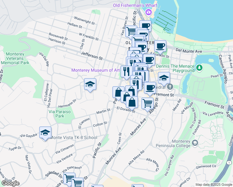 map of restaurants, bars, coffee shops, grocery stores, and more near 700 Pacific Street in Monterey