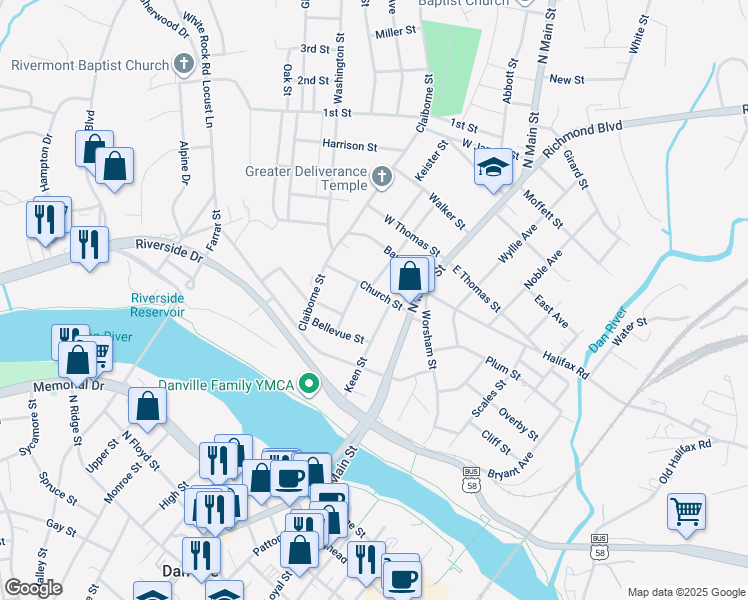 map of restaurants, bars, coffee shops, grocery stores, and more near 301 Church Street in Danville