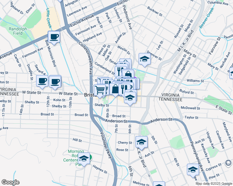 map of restaurants, bars, coffee shops, grocery stores, and more near 14 Piedmont Avenue in Bristol