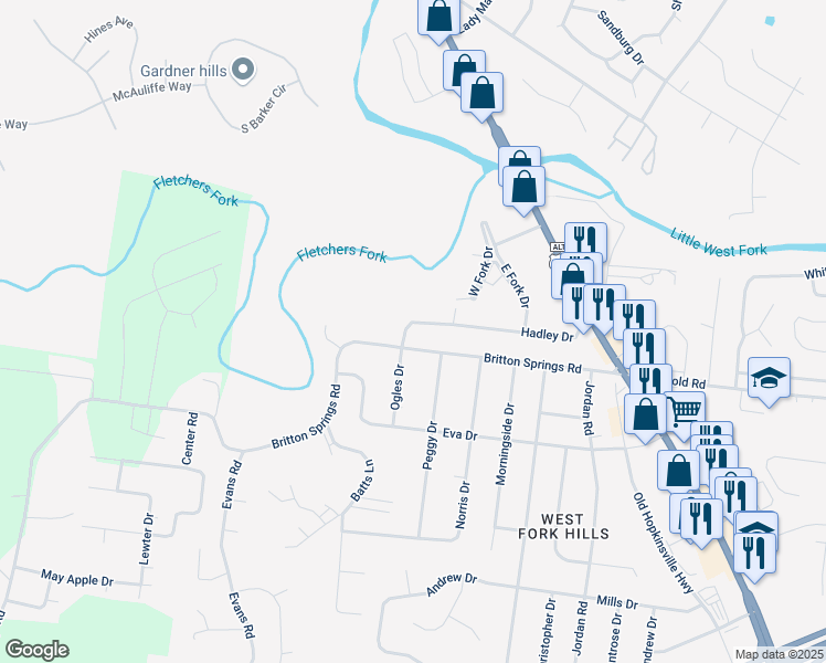 map of restaurants, bars, coffee shops, grocery stores, and more near 178 Hadley Drive in Clarksville