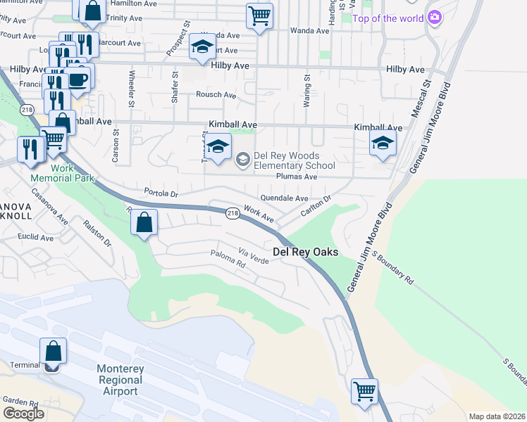 map of restaurants, bars, coffee shops, grocery stores, and more near 1048 Portola Drive in Del Rey Oaks