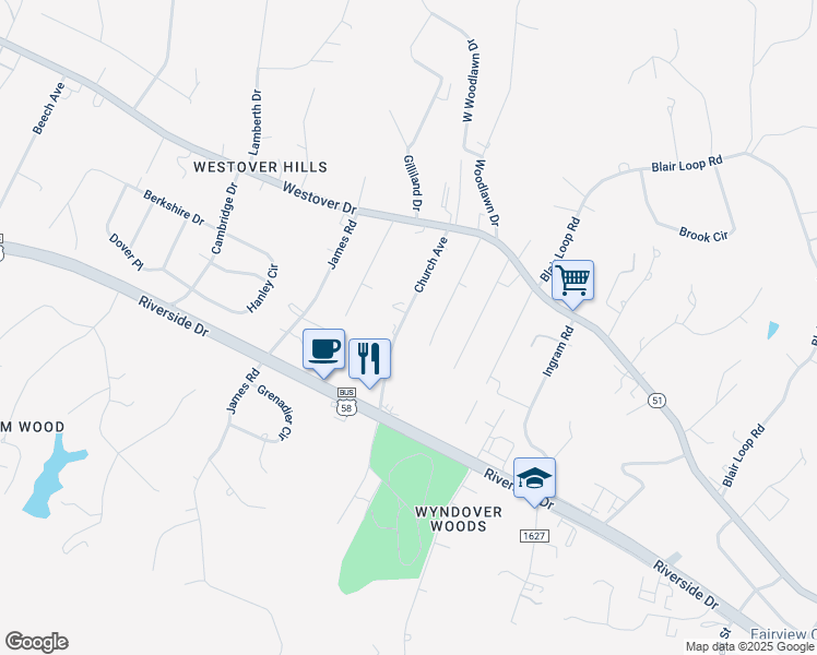 map of restaurants, bars, coffee shops, grocery stores, and more near 441 Church Avenue in Danville