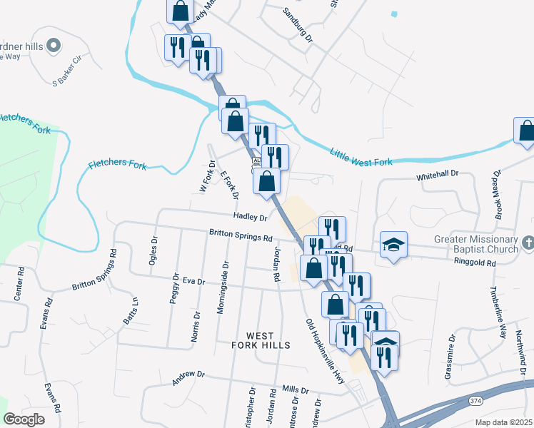 map of restaurants, bars, coffee shops, grocery stores, and more near 127 Hadley Drive in Clarksville