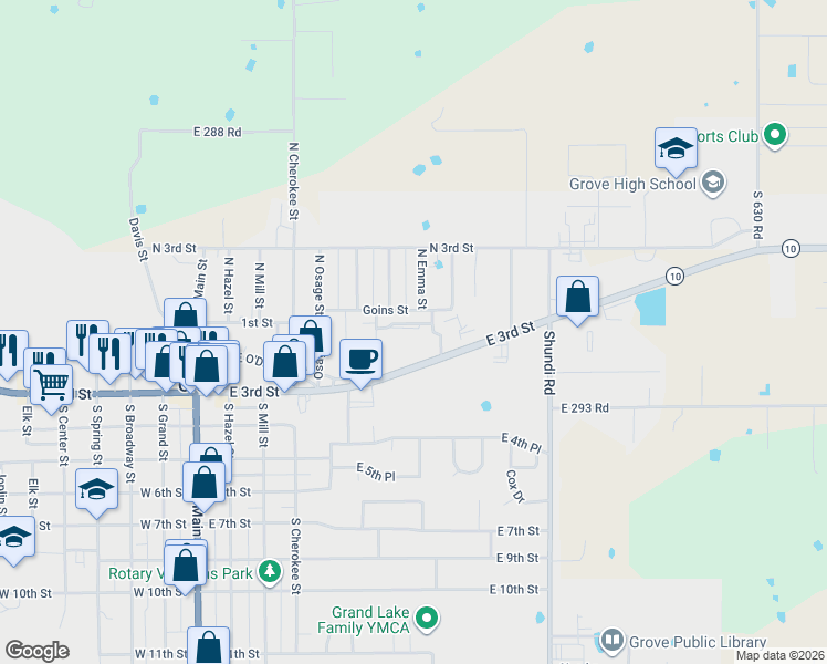 map of restaurants, bars, coffee shops, grocery stores, and more near 110 Saint Andrews Lane in Grove